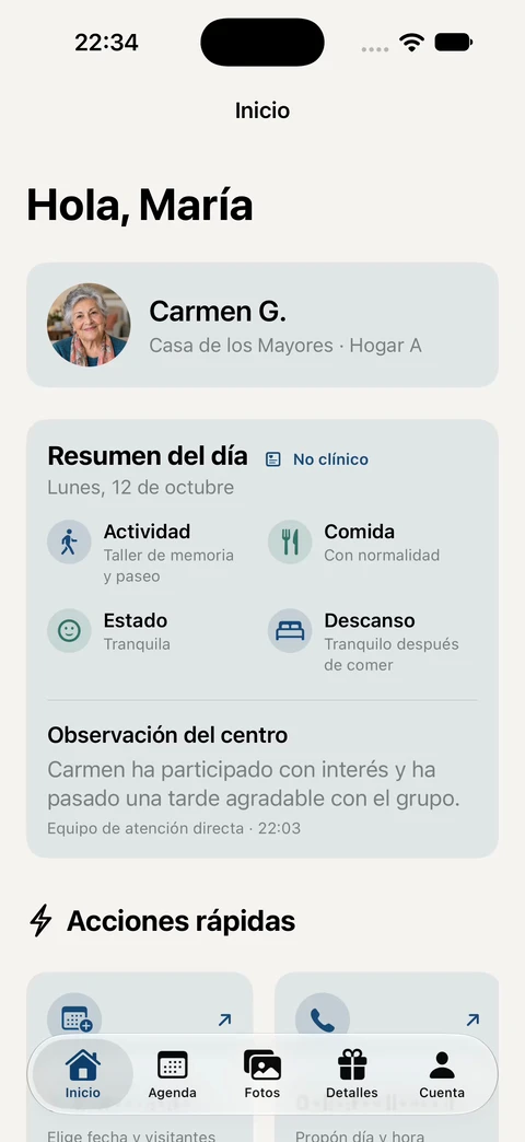 Home de Famara Familias: resumen del día, tarjetas y novedades al desplazarse. Demostración con datos ficticios.