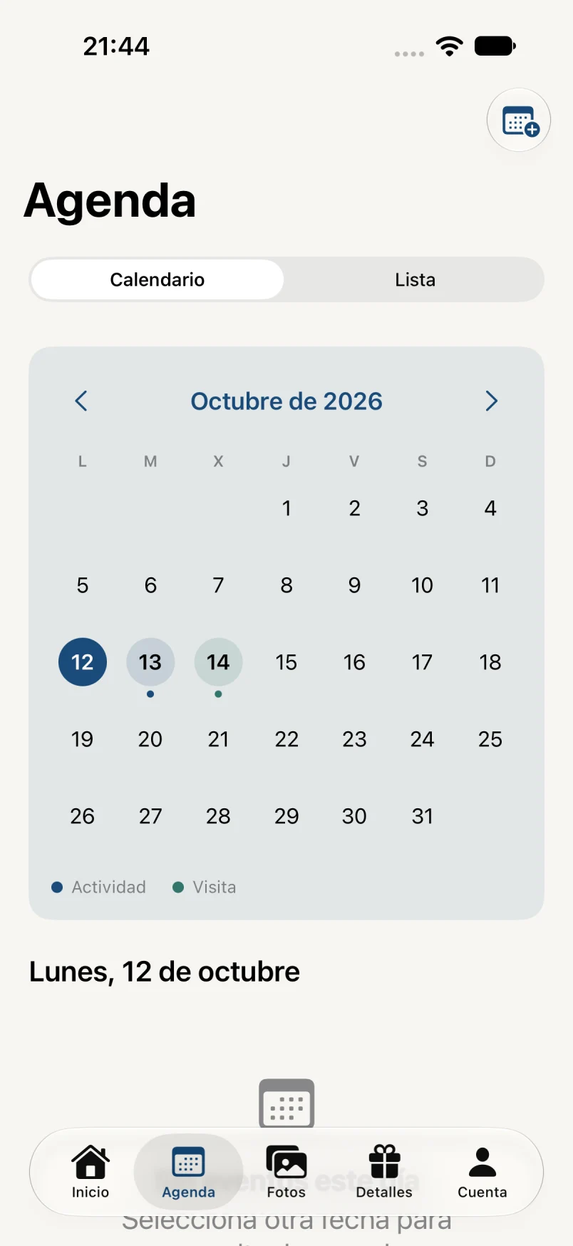 Agenda en calendario · datos ficticios