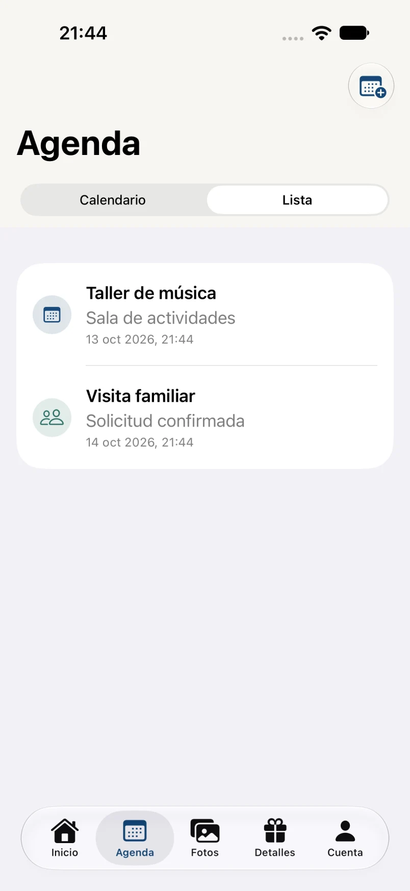 Agenda en lista · datos ficticios