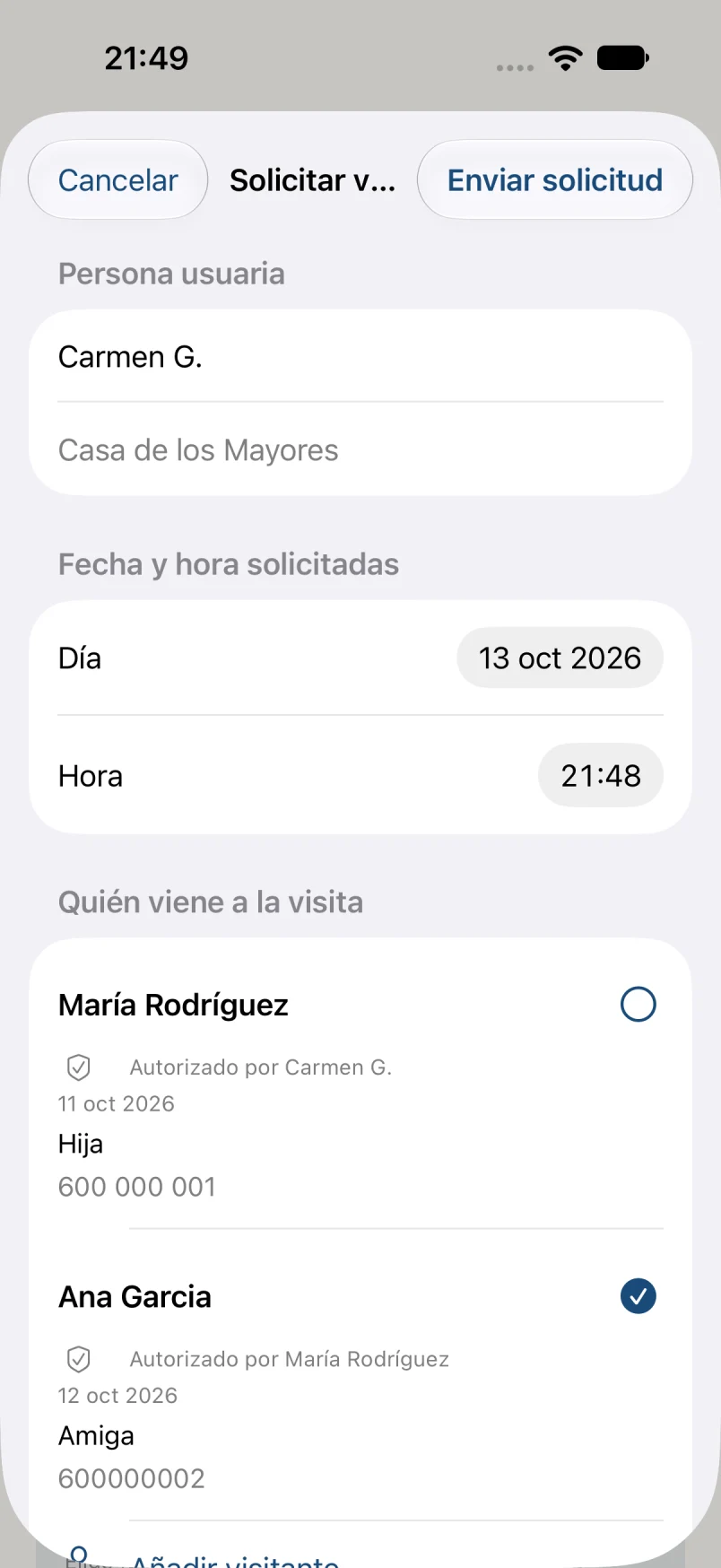 Visitantes autorizados · datos ficticios