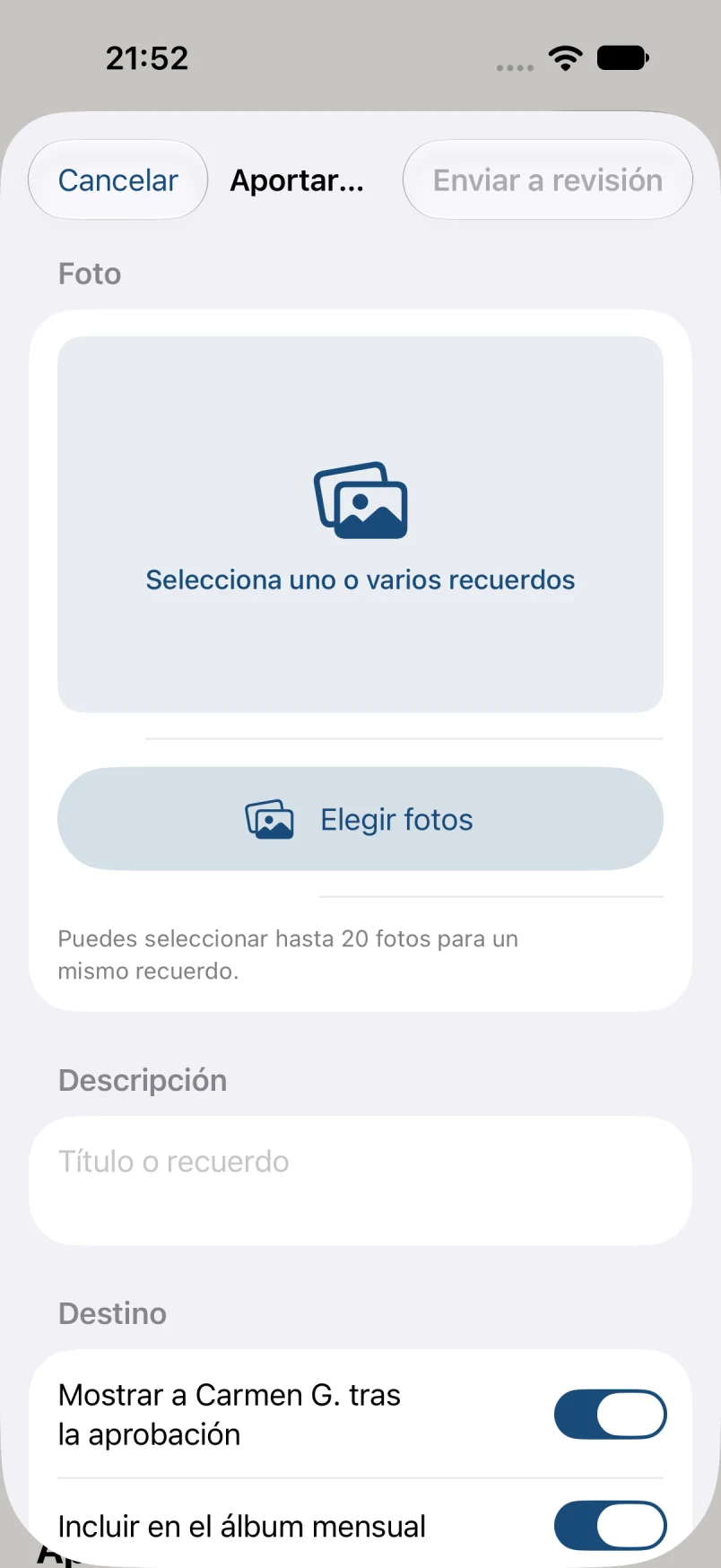 Aportar fotos · datos ficticios
