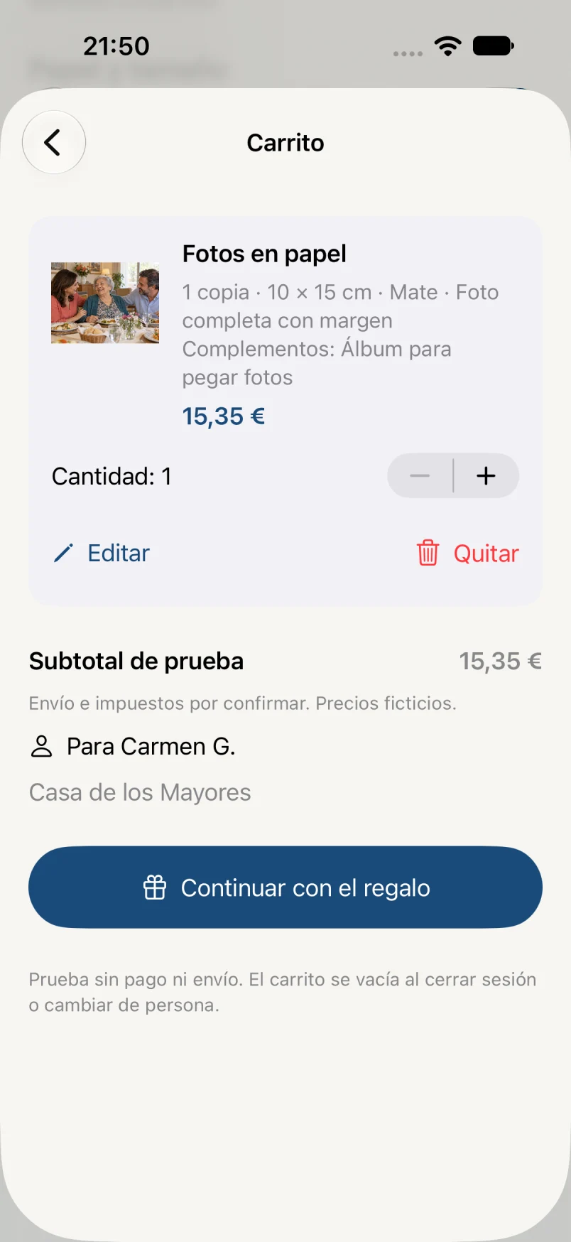 Carrito de prueba · datos ficticios
