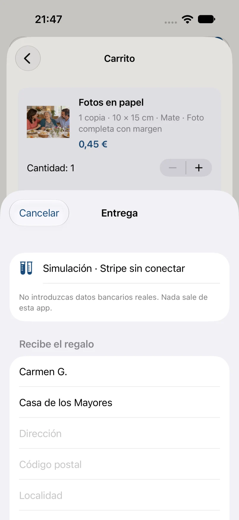 Datos de entrega de ejemplo · datos ficticios