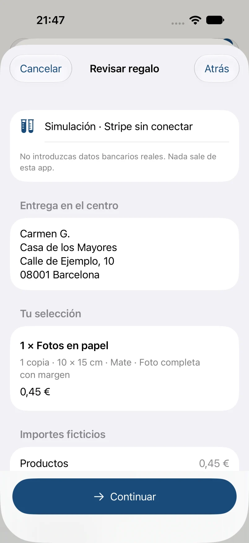 Revisar regalo · datos ficticios