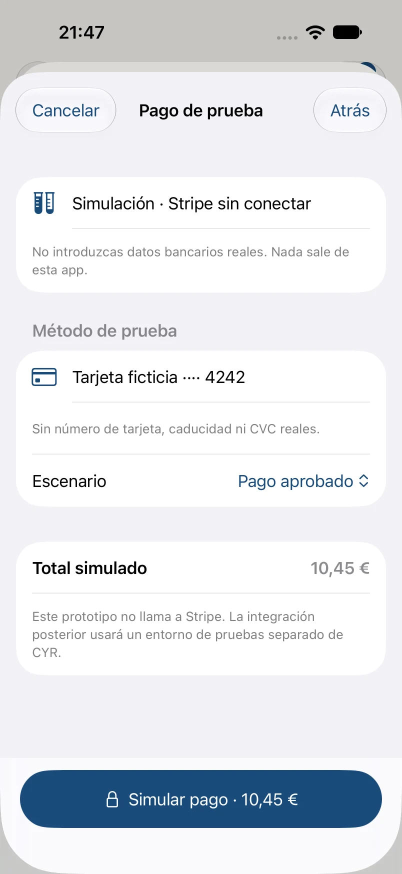 Pago simulado · datos ficticios