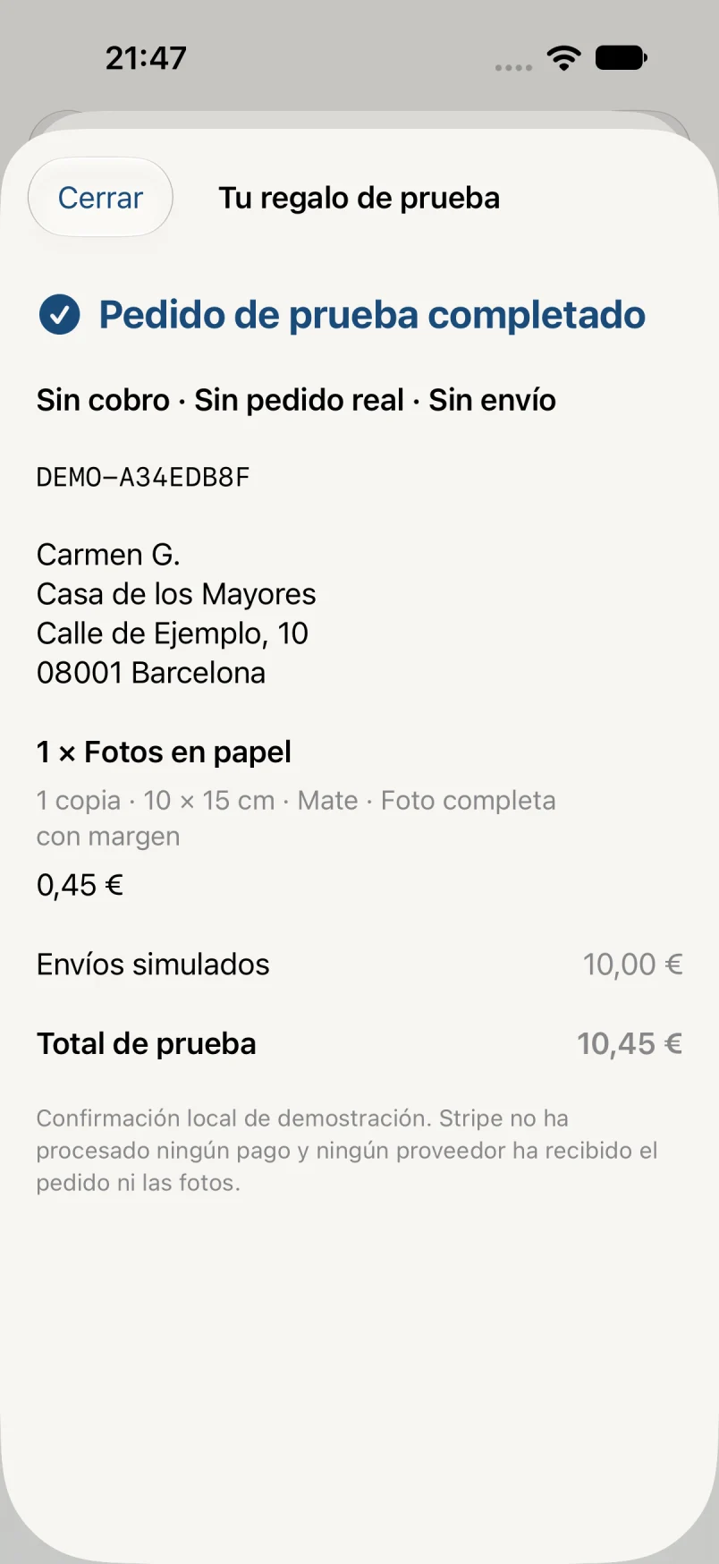 Confirmación de prueba · datos ficticios