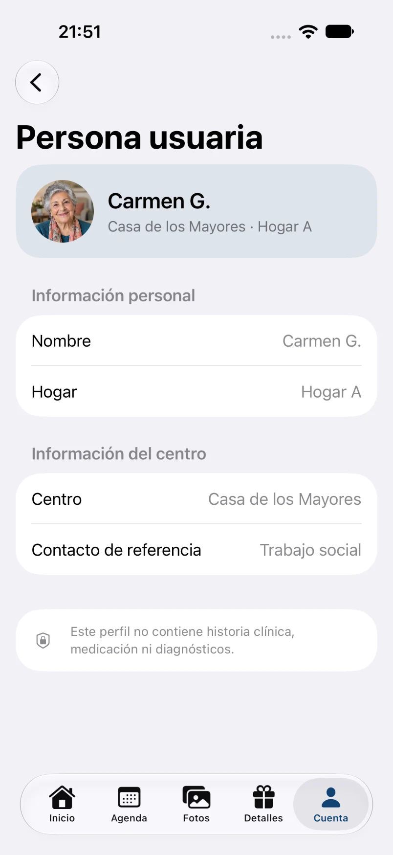 Persona usuaria · datos ficticios