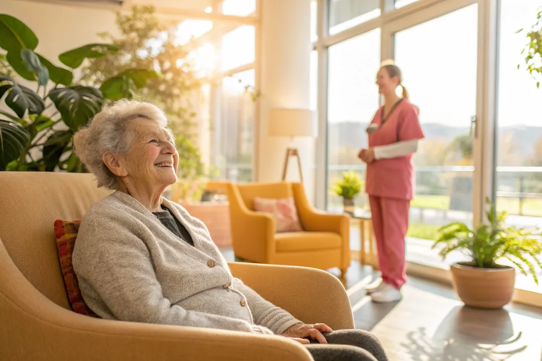 Persona mayor en residencia de ancianos recibiendo atención profesional