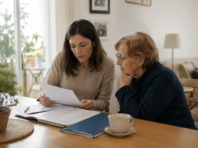 Hija revisando documentos de la Ley de Dependencia junto a una persona mayor en casa