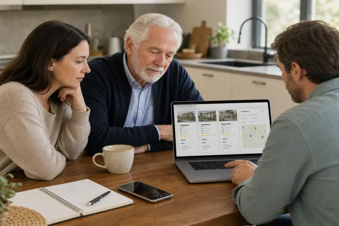 Familia revisando opciones de residencia para una persona mayor con calma