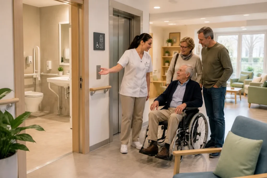 Persona mayor recorriendo una residencia accesible con apoyo profesional