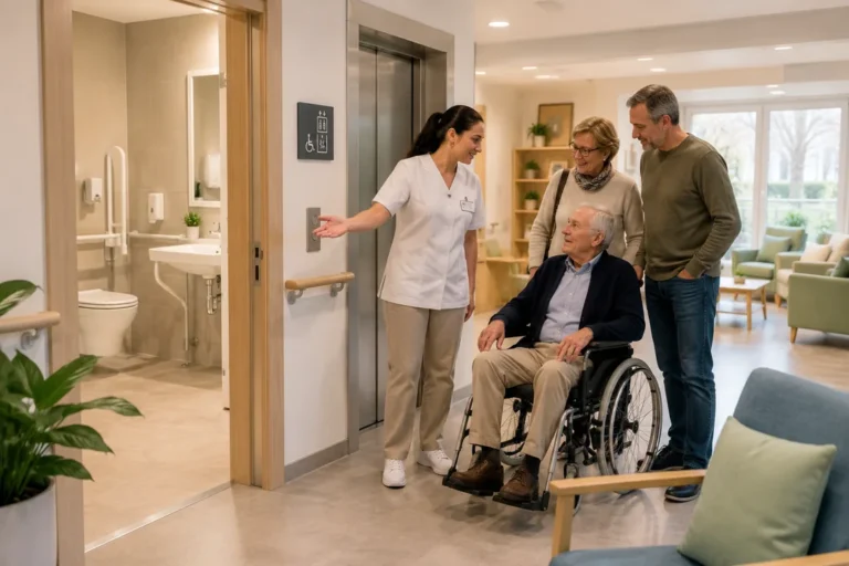 Persona mayor recorriendo una residencia accesible con apoyo profesional