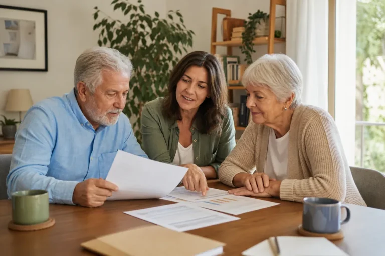 Familia revisando documentación sobre financiación y dependencia