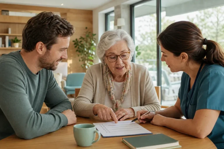 Familia y profesional revisando criterios de calidad de cuidados