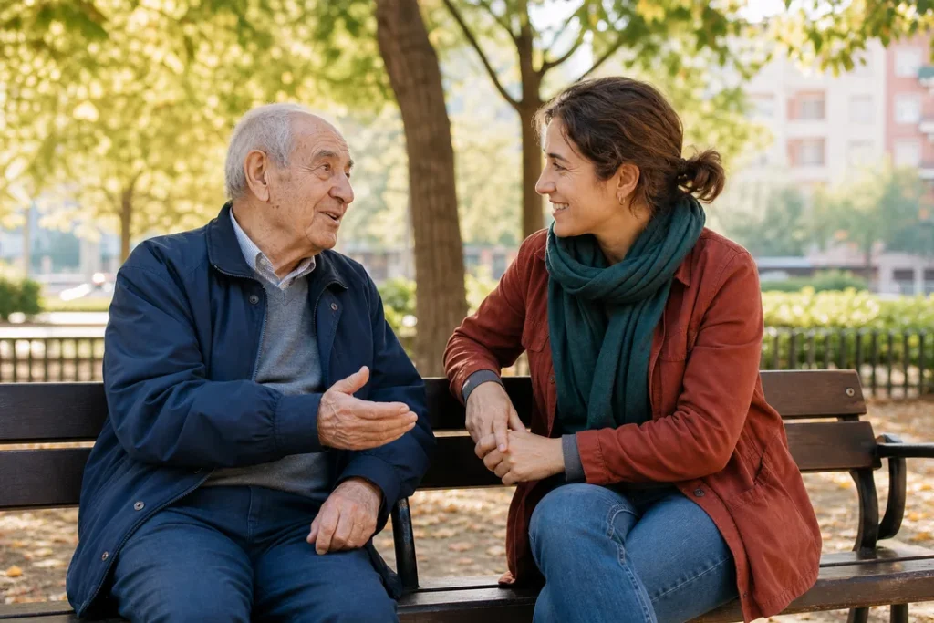 Persona mayor conversando con una acompañante en un entorno tranquilo