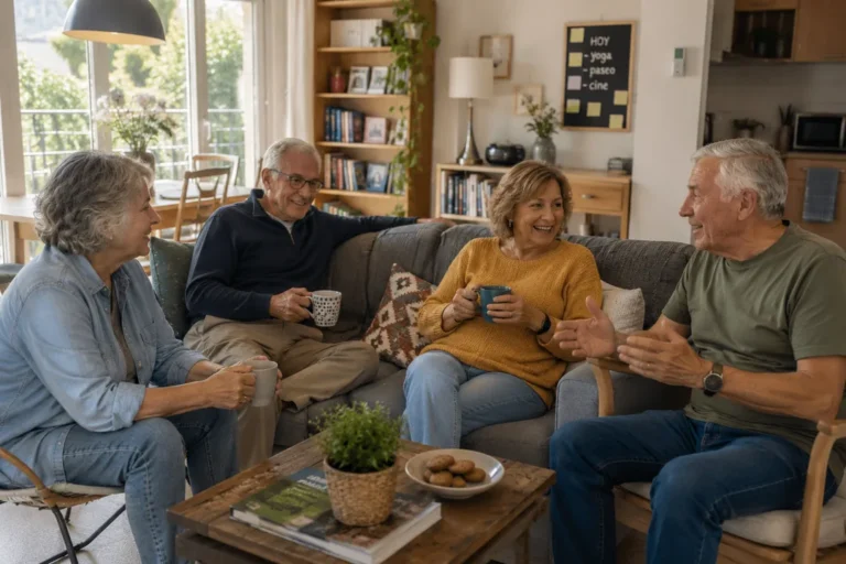 Personas mayores conversando en una vivienda compartida
