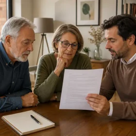 Familia revisando información sobre grados de dependencia y opciones de residencia