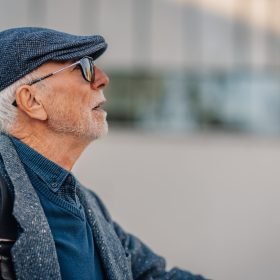 Elderly man wearing a flat cap and sunglasses, contemplating while standing outside in a city environment