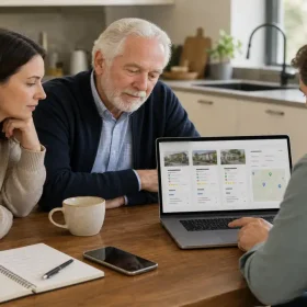 Familia revisando opciones de residencia para una persona mayor con calma