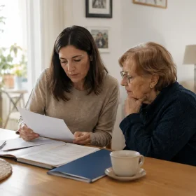 Hija revisando documentos de la Ley de Dependencia junto a una persona mayor en casa