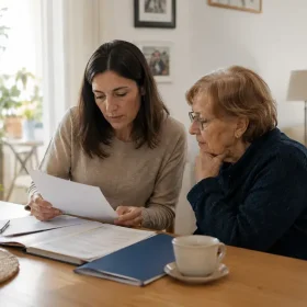 Hija revisando documentos de la Ley de Dependencia junto a una persona mayor en casa