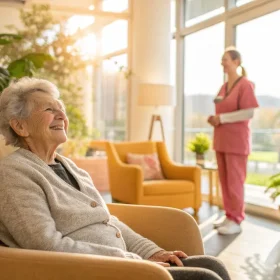 Persona mayor en residencia de ancianos recibiendo atención profesional