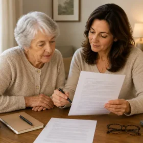 Persona mayor y familiar revisando documentos antes de firmar un contrato de residencia